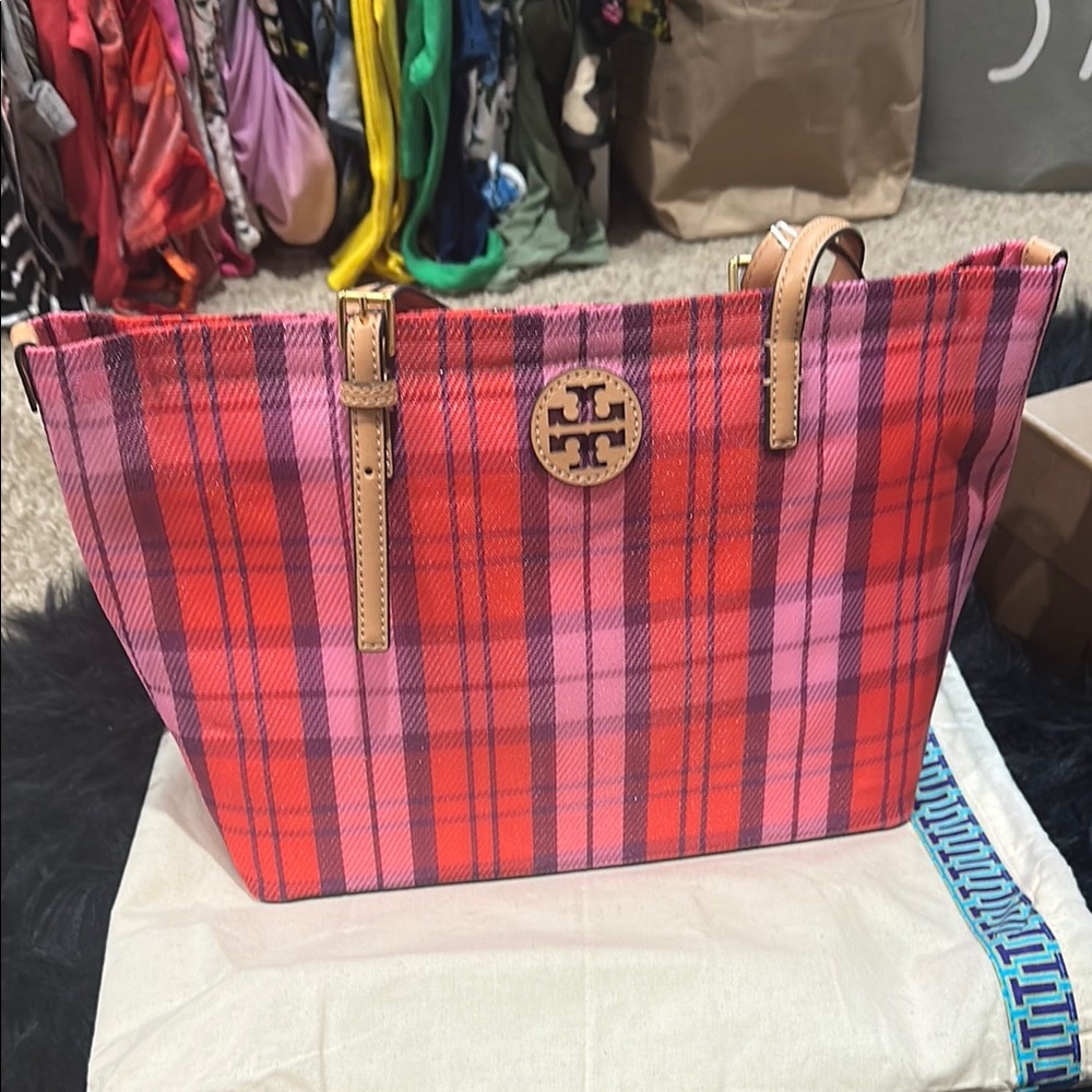 Tory Burch Red and Pink Tartan Tote